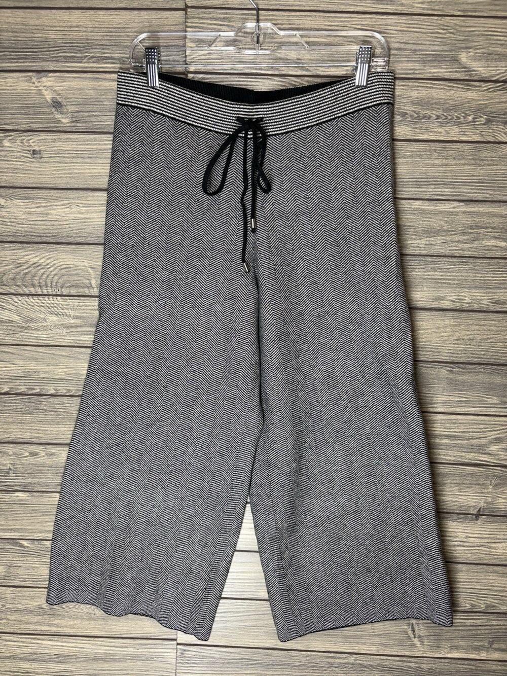 Joseph Ribkoff Wide Leg Pants Womens M Herringbone Knit Black White Pull On